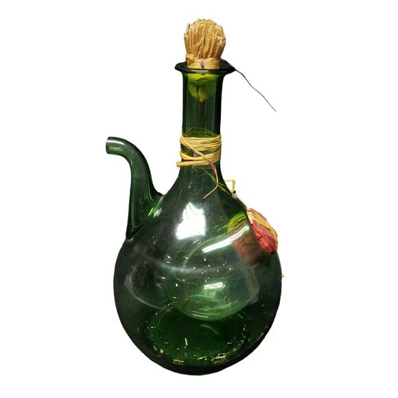 Vintage Italian Green Hand Blown Glass Wine Decanter w Ice Chamber Made In Italy - Picture 1 of 9
